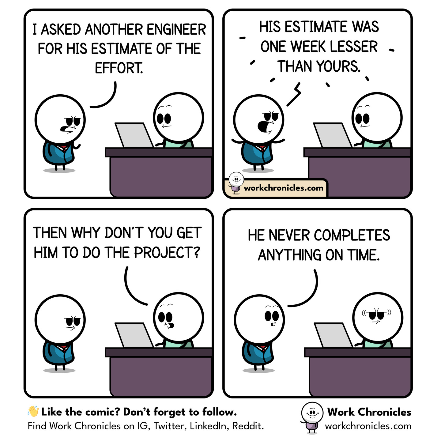 Boss: I asked another engineer for his estimate of the effort.
Boss: His estimate was one week lesser than yours.
Engineer: Then why don't you get him to do the project?
Boss: He never completes anything on time.