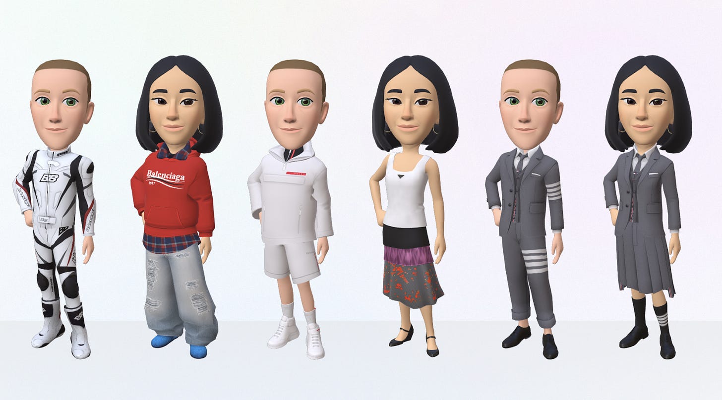 Image of Mark Zuckerberg and Eva Chen as avatars modelling clothing options from the avatar store