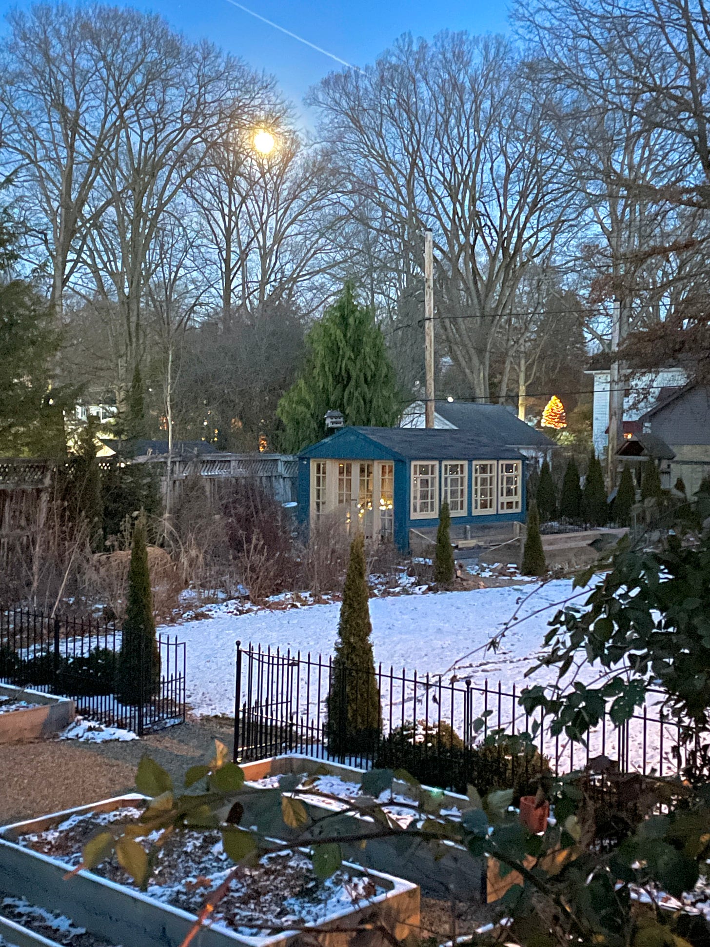 Looking down at the Potting Shed and Kitchen Garden from the steps. The “full cold” moon has been amazing this week! 