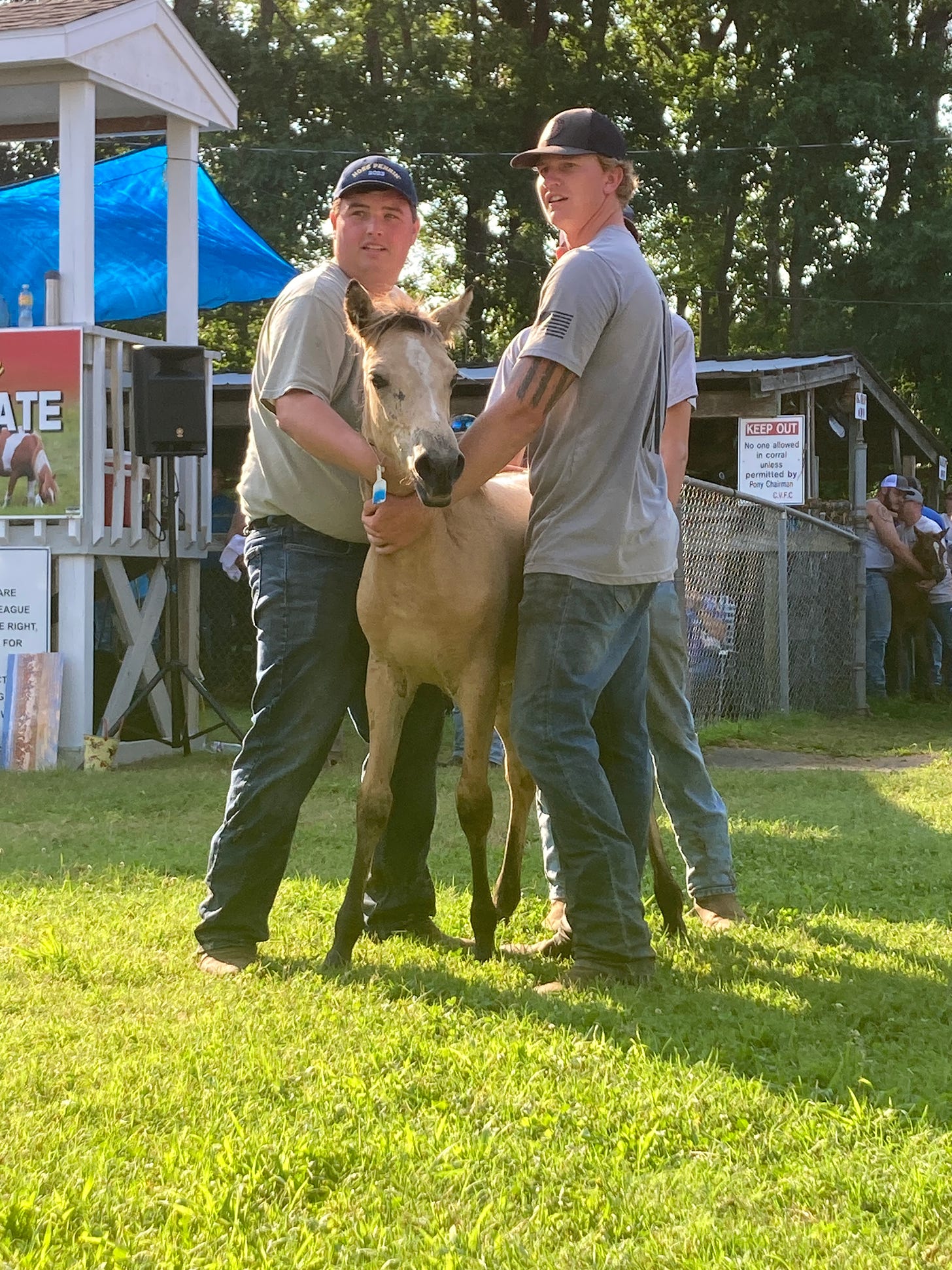 Three white men hold a buckskin filly in an auction lot. 