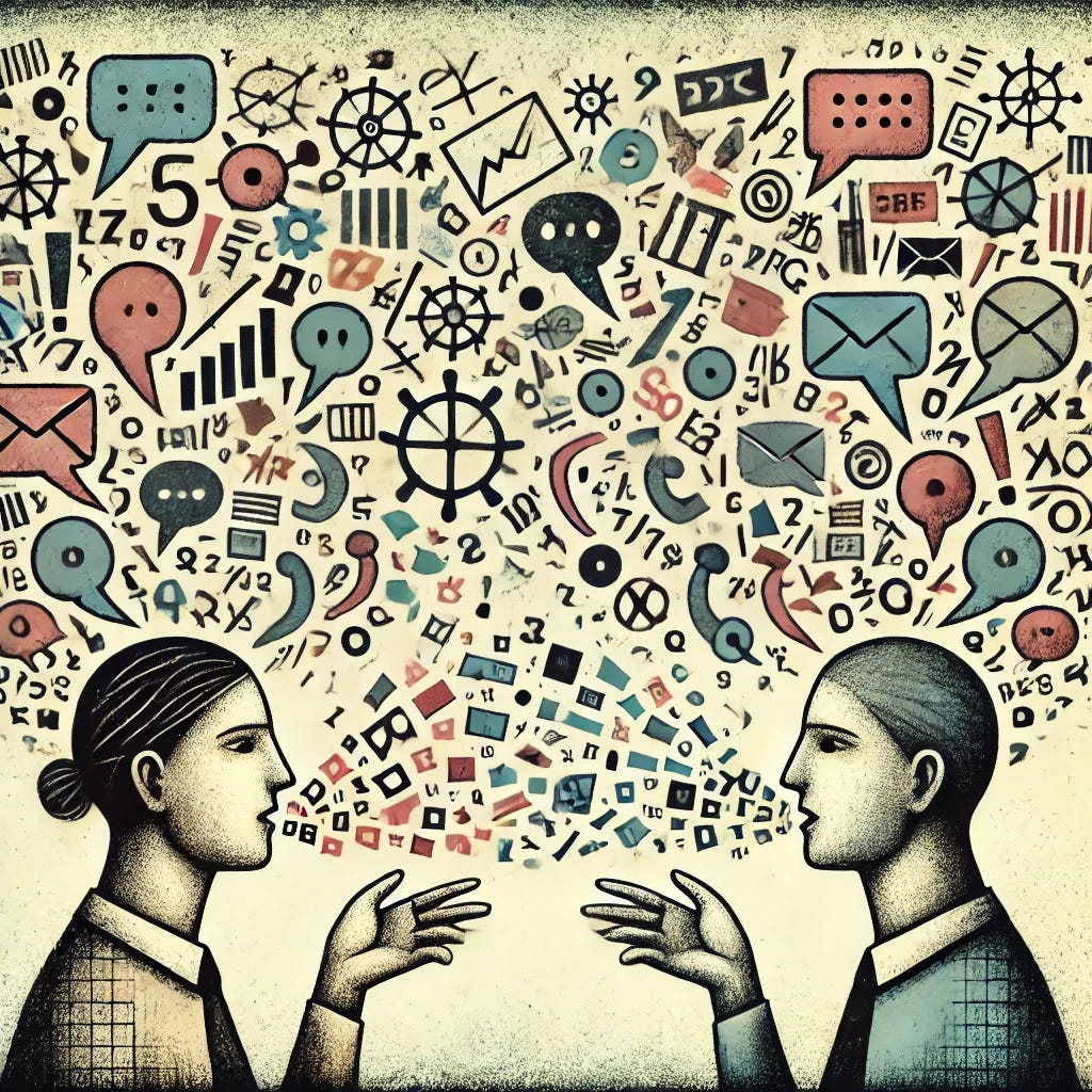 A more concrete illustration of the vagaries of language and communication. The image shows two figures trying to speak to each other, but their words are turning into symbols, numbers, and jumbled letters as they leave their mouths, floating chaotically in the space between them. The figures have puzzled expressions, reaching out to connect. The background features various speech bubbles, each filled with fragmented, unclear messages. The color scheme combines muted tones with sharp bursts of color to show confusion and misinterpretation, while still suggesting an attempt to communicate.