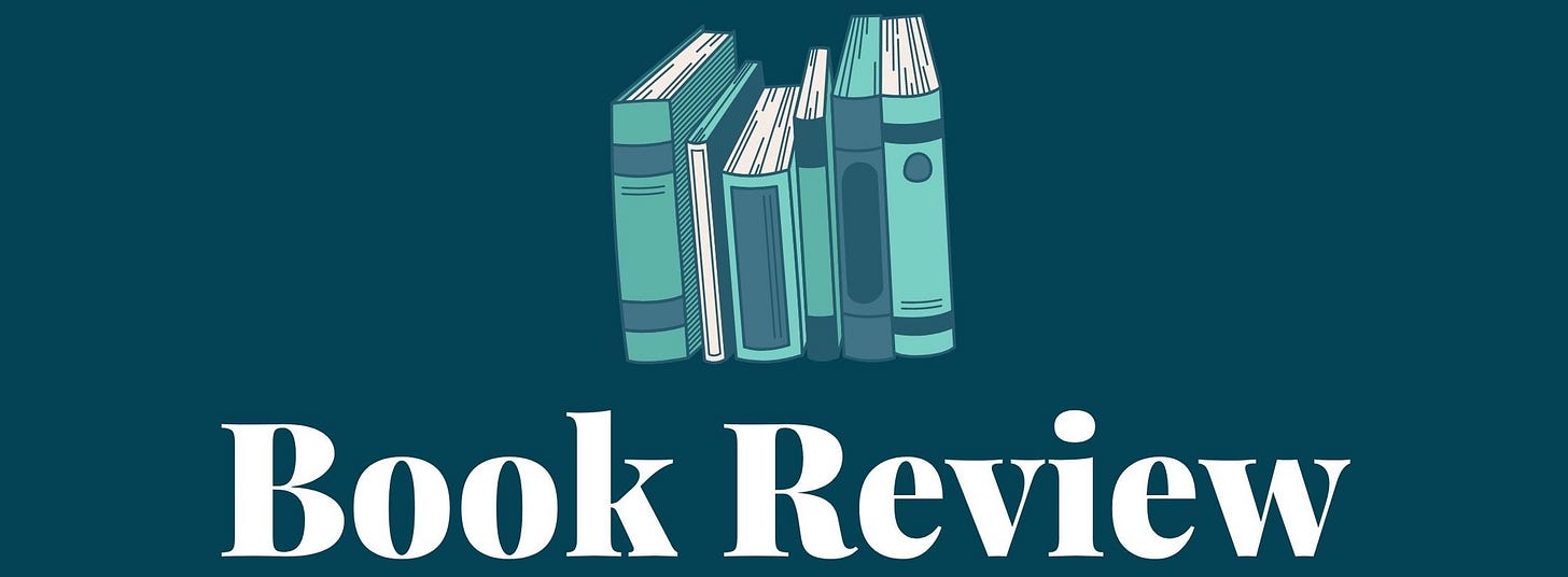 This image shows a generic book-review banner. An illustration of 6 books above the words "Book Review" overlay an aquamarine background.
