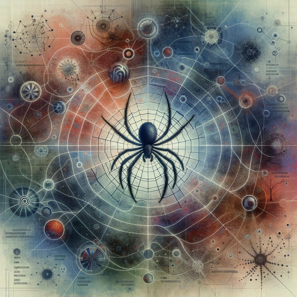 Create an abstract image visualizing the concept of 'Multiple causation' in epidemiology. The central focus should be on a metaphorical 'spider', symbolizing overarching systemic factors, positioned amidst a web representing individual factors affecting health and disease. Surrounding the web, include visual elements that allude to biological evolution, adaptation, and social factors contributing to disease. Ensure that the image invokes a sense of complexity and interconnectedness, illustrating the need for an 'ecosocial framework' that integrates both biological and social aspects to understand health patterns in populations.