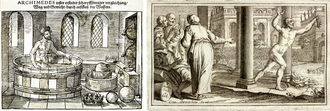 Two illustrations of Archimedes' eureka moment.