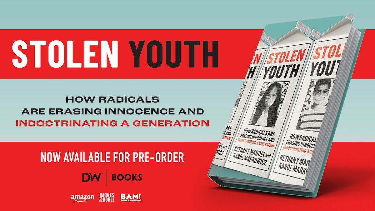 promo graphic for Bethany Mandel's book "stolen youth: how radicals are erasing innocence and indoctrinating a generation"
