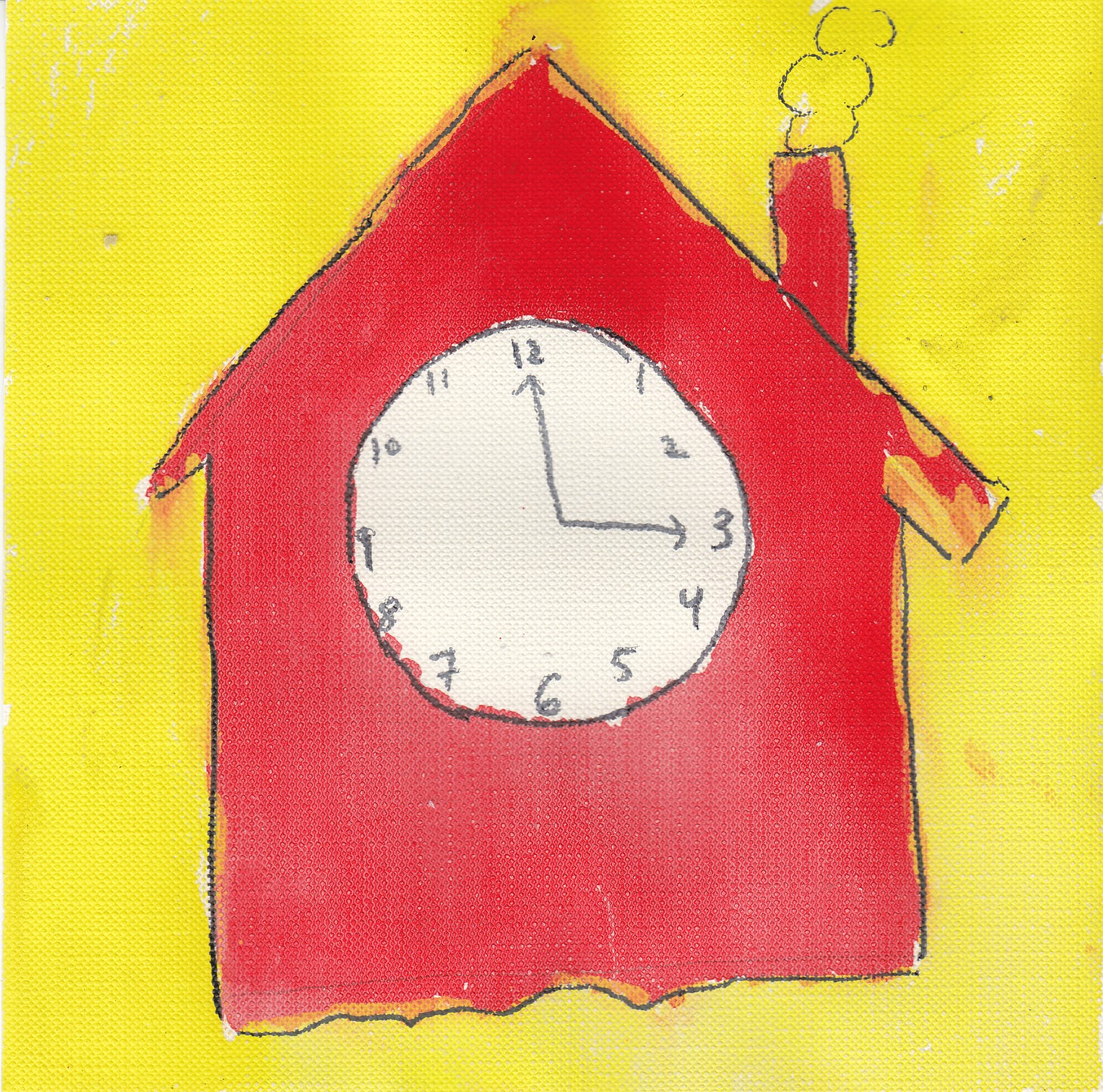 red house with a clock. yellow background