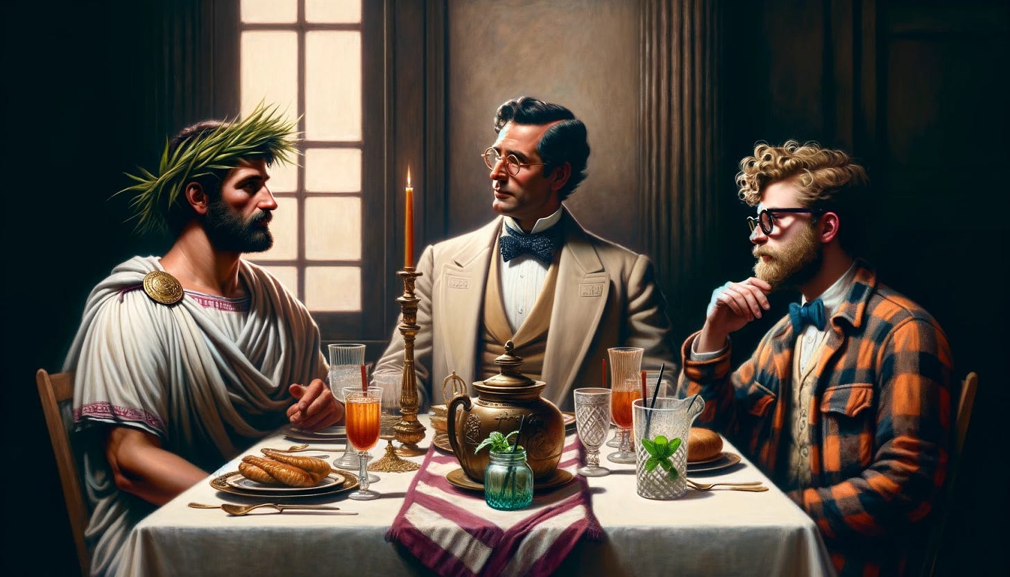 At an elegantly set dinner table, a captivating conversation unfolds between three distinct individuals from different eras. The first man is a Roman provincial governor, his stature and authority accentuated by a traditional toga and a grass crown, symbols of honor and triumph in ancient Rome. Beside him sits an 1840s Alabama plantation owner, the epitome of Southern gentility, clad in a crisp seersucker suit. In one hand, he gracefully holds a mint julep, a nod to his cultural heritage. The third figure contrasts sharply with his companions, a millennial hipster journalist known for his unique style. He wears comfortable flannel attire, his curly hair loosely framing his face. Notably, he wears horn-rimmed glasses that add to his intellectual appearance, and around his neck hangs a Star of David necklace, subtly indicating his cultural or religious identity. The table is adorned with items that reflect the diverse backgrounds of the guests, creating a scene that bridges time and tradition.