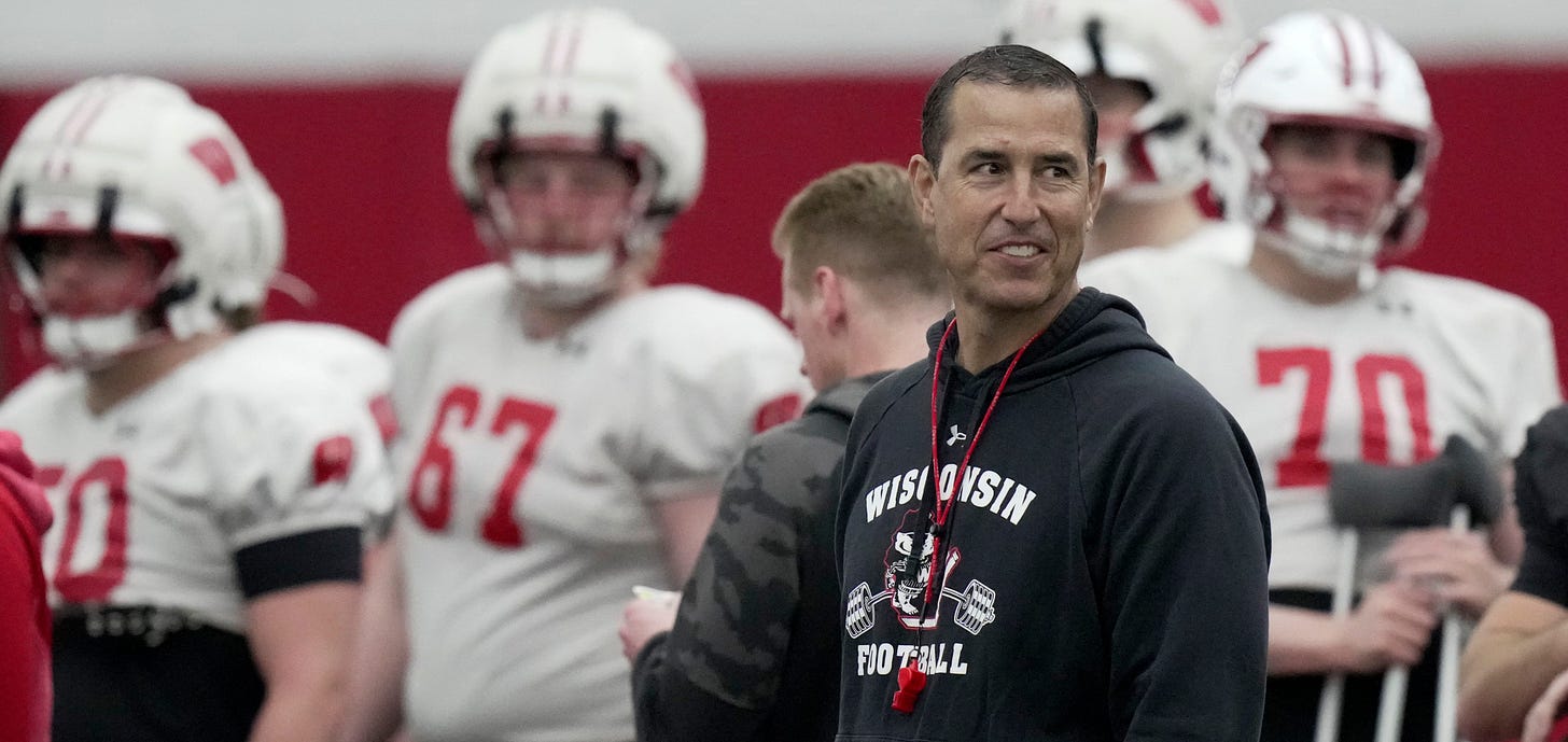 Wisconsin Badgers head coach Luke Fickell on the sidelines at the McClain Center during spring football practice