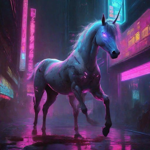 AI-generated image of a unicorn transforming into a zombie in a cyberpunk town