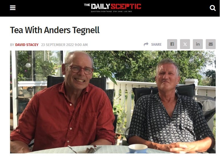 The Daily Sceptic: Tea with Anders Tegnell, featuring Tegnell sharing tea with an anti-vax quack