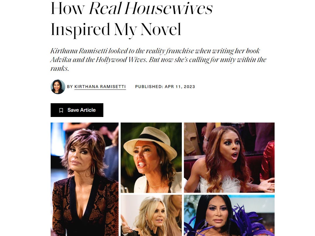 A screenshot of the Elle magazine article, "How 'Real Housewives" Inspired My Novel"