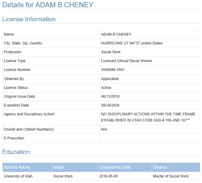 "Details for ADAM B CHENEY," reflecting a license as an L.C.S.W.