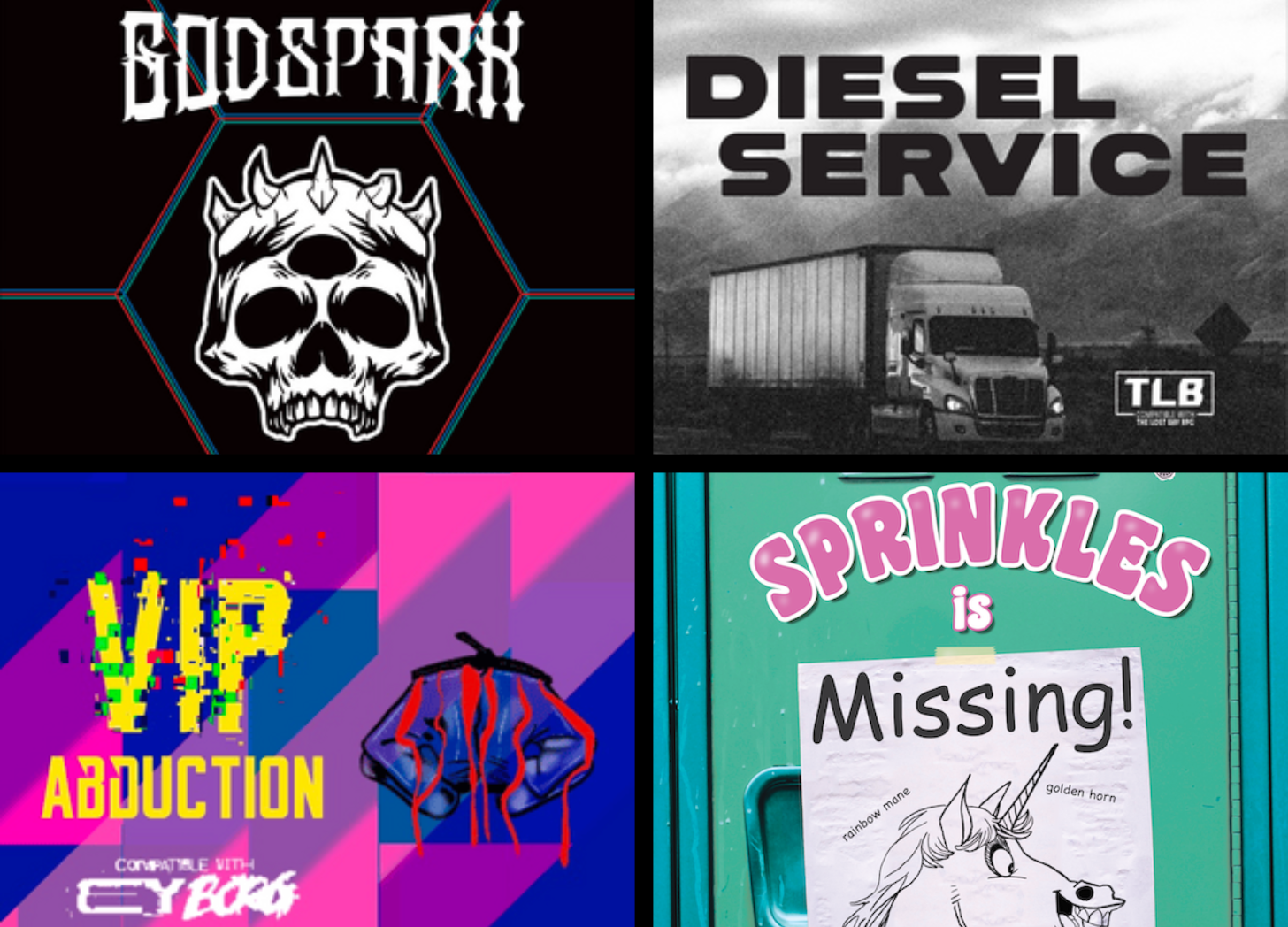 Four itch.io cover images of Allen’s games Godspark, Elevator Game, VIP Abduction, and Sprinkles is Missing!