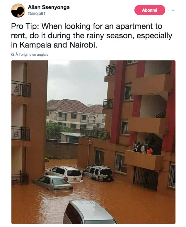 A tweet from Allen Ssenyonga reads "pro tip: when looking for an apartment to rent, do it during the rainy season, especially in Kampala and Nairobi" and shows a picture of an apartment complex that's badly flooded, with several cars half-submerged