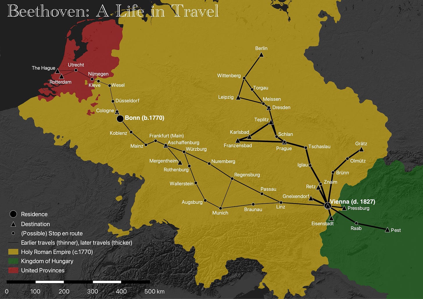 r/MapPorn - A map of all Beethoven's journeys throughout his life