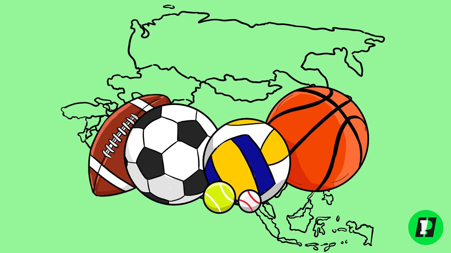 sports balls in front of a map of asia