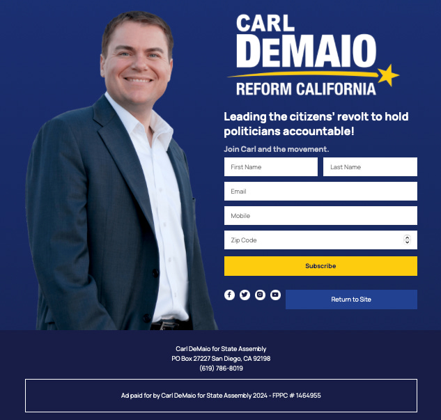 A screenshot of Carl DeMaio’s website, Reform California, shows an ad paid for by his State Assembly campaign, which is part of the FPPC allegations. Courtesy image