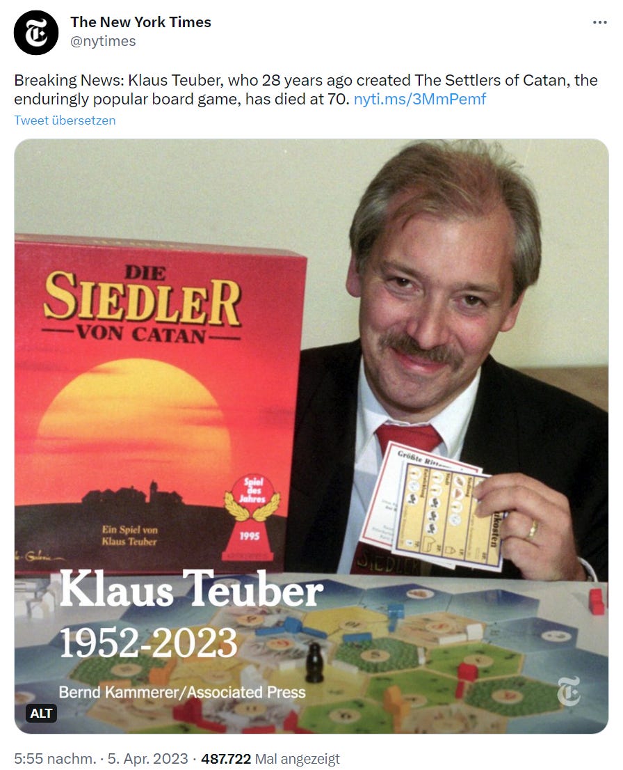 Breaking-News-Tweet der New York Times zum Tod von Klaus Teuber