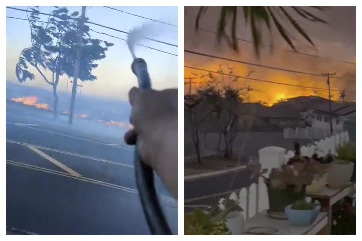 This combination of images from video made by neighbors Shane Treu, left, and Robert Arconado on Aug. 8, 2023 shows fires outside their homes on the Hawaiian island of Maui.