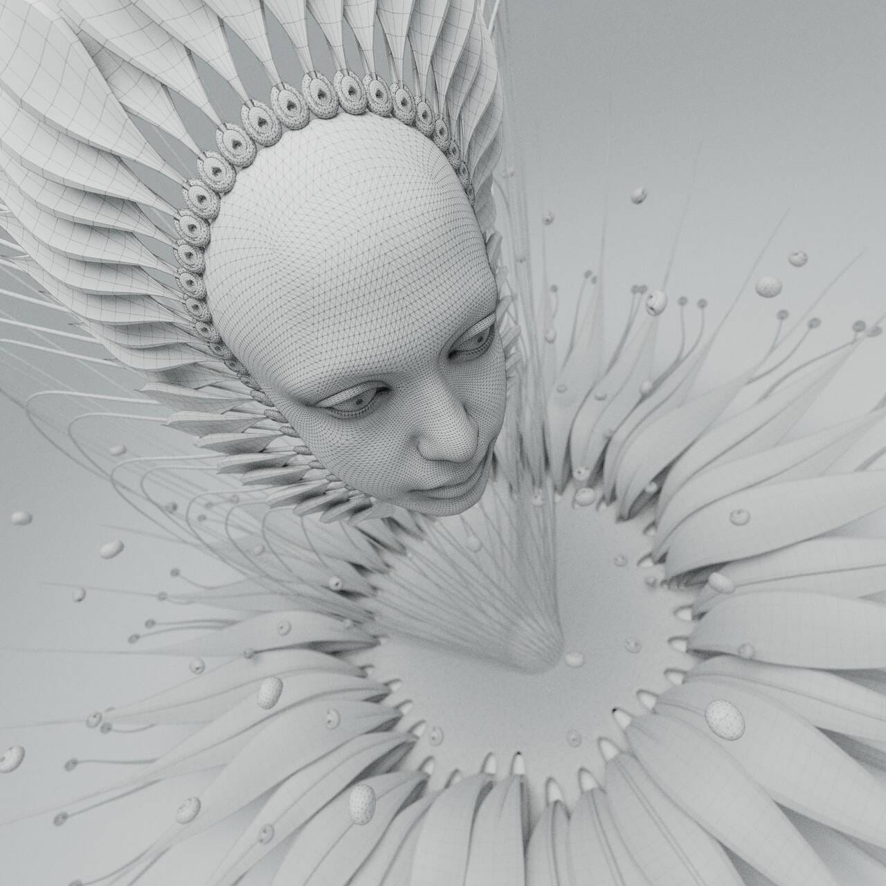 Grey wireframe 3D model render of human face coming out flower like shape.