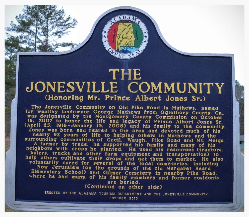 Jonesville Community historical marker, side one, Mathews, Montgomery County, Alabama