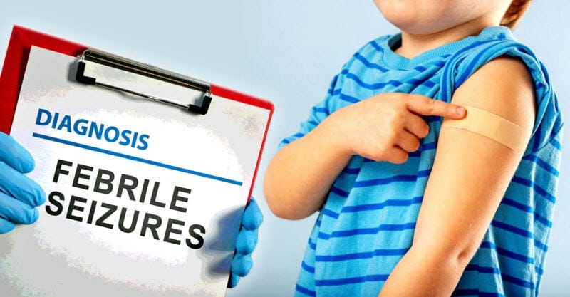child with bandaid over vaccine with clipboard that reads "diagnosis febrile seizures"