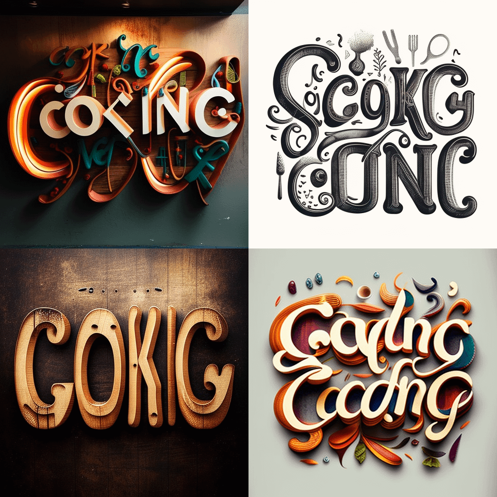 Is there a way for midjourney to make a text based logo? PROMPT was: the  word 'cooking', spelt C O O K I N G, with large and fun and cursive font,