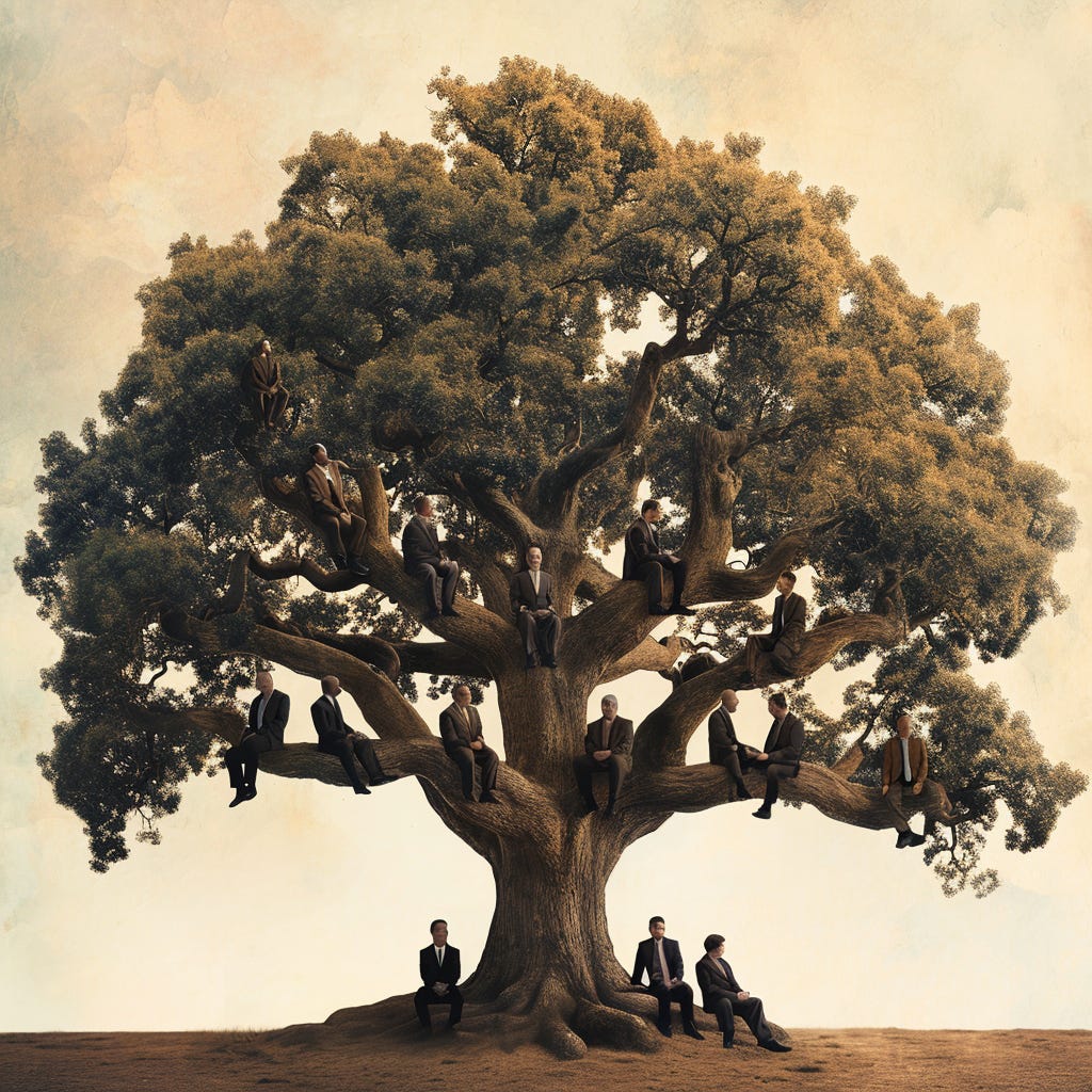 A large oak tree, people in suits sitting on the branches and the roots