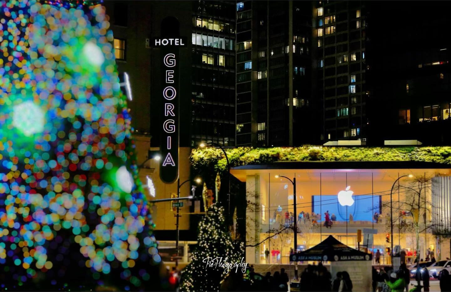 Apple Pacific Centre photographed at night. In the foreground, bright holiday decorations including a tree full of lights are obscured with soft bokeh.