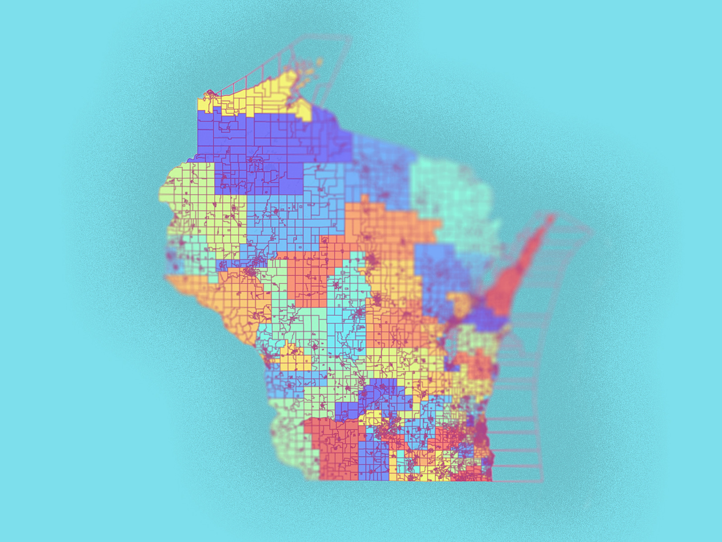 A multicolored map of newly drawn Wisconsin Assembly districts is shown over a blue background. The map is blurred and indistinct in parts, clearer in others, suggesting that some parts of the state are still coming into focus for the viewer.