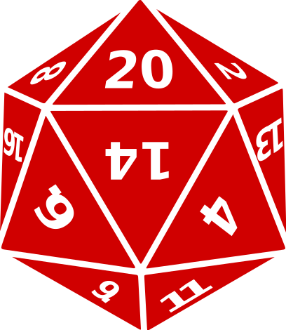 A red twenty-sided illustrated die from Wikimedia Commons