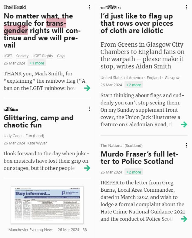 screenshot of articles from pressreader in text form featuring stories from The Hearald, The Guardian and the National