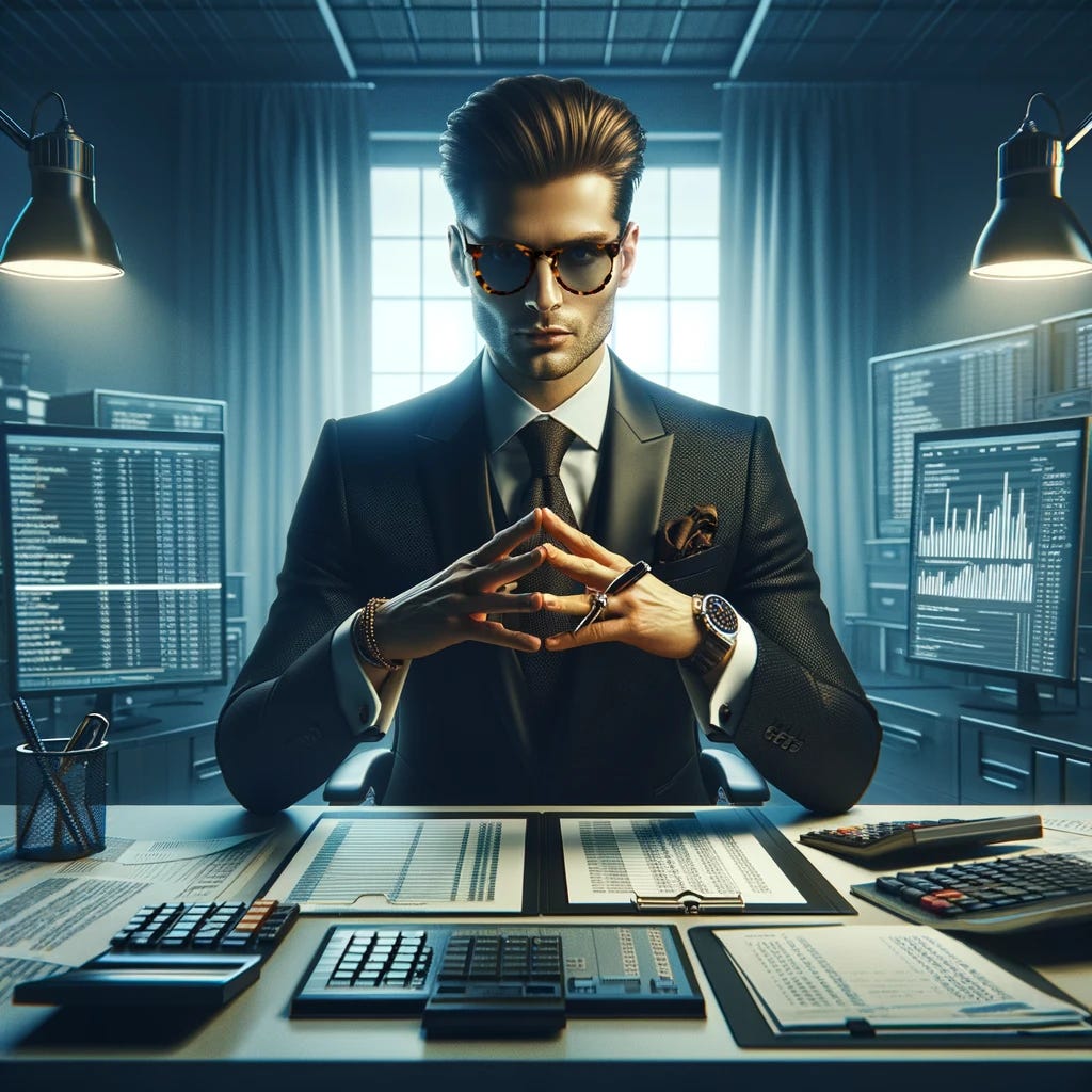 Visualize an ultra-cool accountant dominating the tax season with absolute control and style. This accountant, dressed in a sharp black suit, dons elegant tortoise shell glasses, symbolizing a blend of sophistication and intelligence. They stand confidently behind a sleek, organized desk, with all documents neatly arranged and a state-of-the-art computer displaying organized spreadsheets. In their hands, they masterfully manipulate a calculator and a pen, as if conducting an orchestra, transforming the potential chaos of tax season into a symphony of order and efficiency. The room glows with a sense of calm mastery, reflecting the accountant's unparalleled expertise and command over the situation.