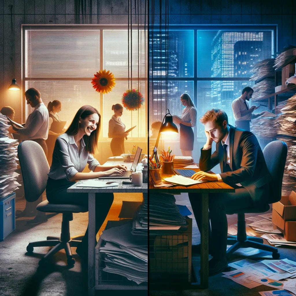 A split-scene image depicting the stark contrast between a happy and a sad employee at work. On one side, the happy employee is seated at a brightly lit, organized desk, smiling as they engage in their work with a sense of fulfillment and enthusiasm. Their posture is relaxed, and the environment around them is vibrant and colorful, symbolizing a positive and supportive work culture. On the opposite side, the sad employee is slumped over a cluttered, dimly lit desk, surrounded by piles of paperwork and looking overwhelmed and disheartened. The atmosphere around them is dreary and monochrome, reflecting a stressful and unsupportive work environment. The image captures the essence of workplace satisfaction versus dissatisfaction, illustrating how different factors can impact an employee's mood and outlook at work.