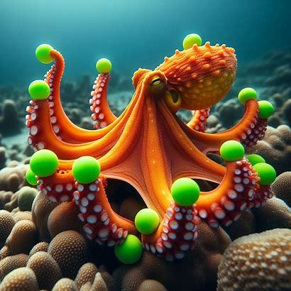 Photo of a living orange octopus resting on coral in the ocean. The octopus has 8 tentacles, tips pointing upward. On the tip of each tentacle is a bright neon green rubber ball.