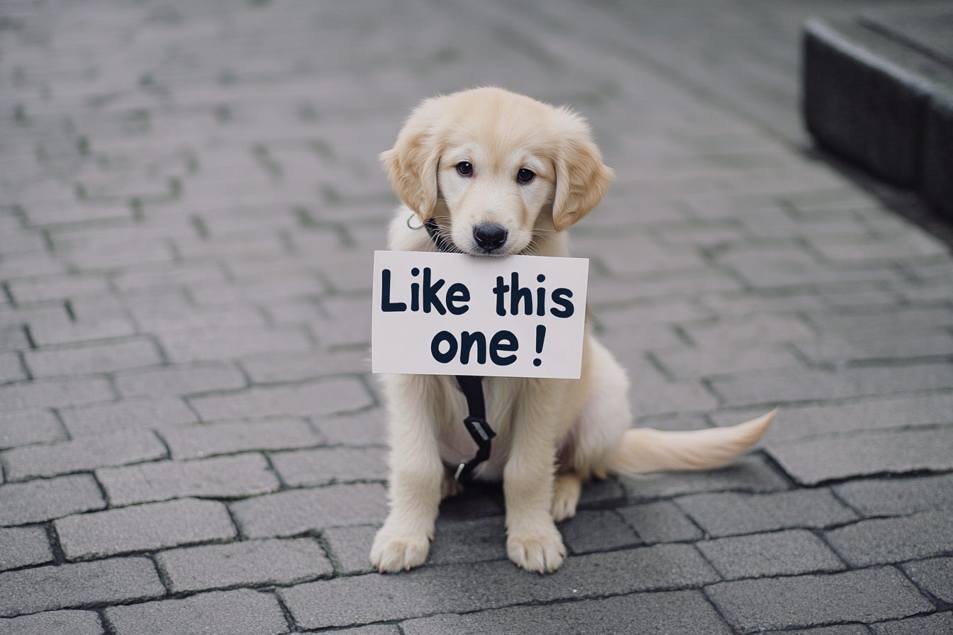 Street photo of a puppy holding a sign that says "Like this one!"