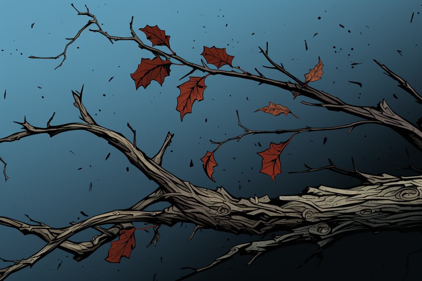 graphic novel illustration of a twisted branch with dying leaves