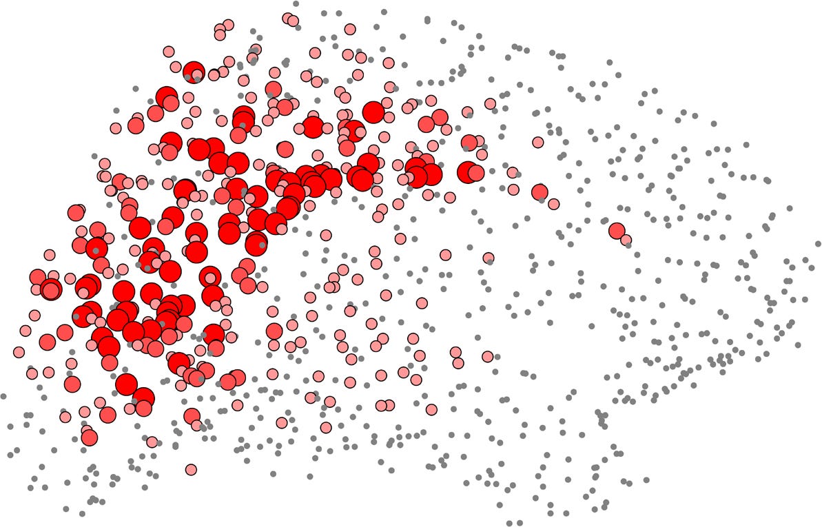 dot matrix image of brain with heavy red color showing the part of the brain that recognizes connection