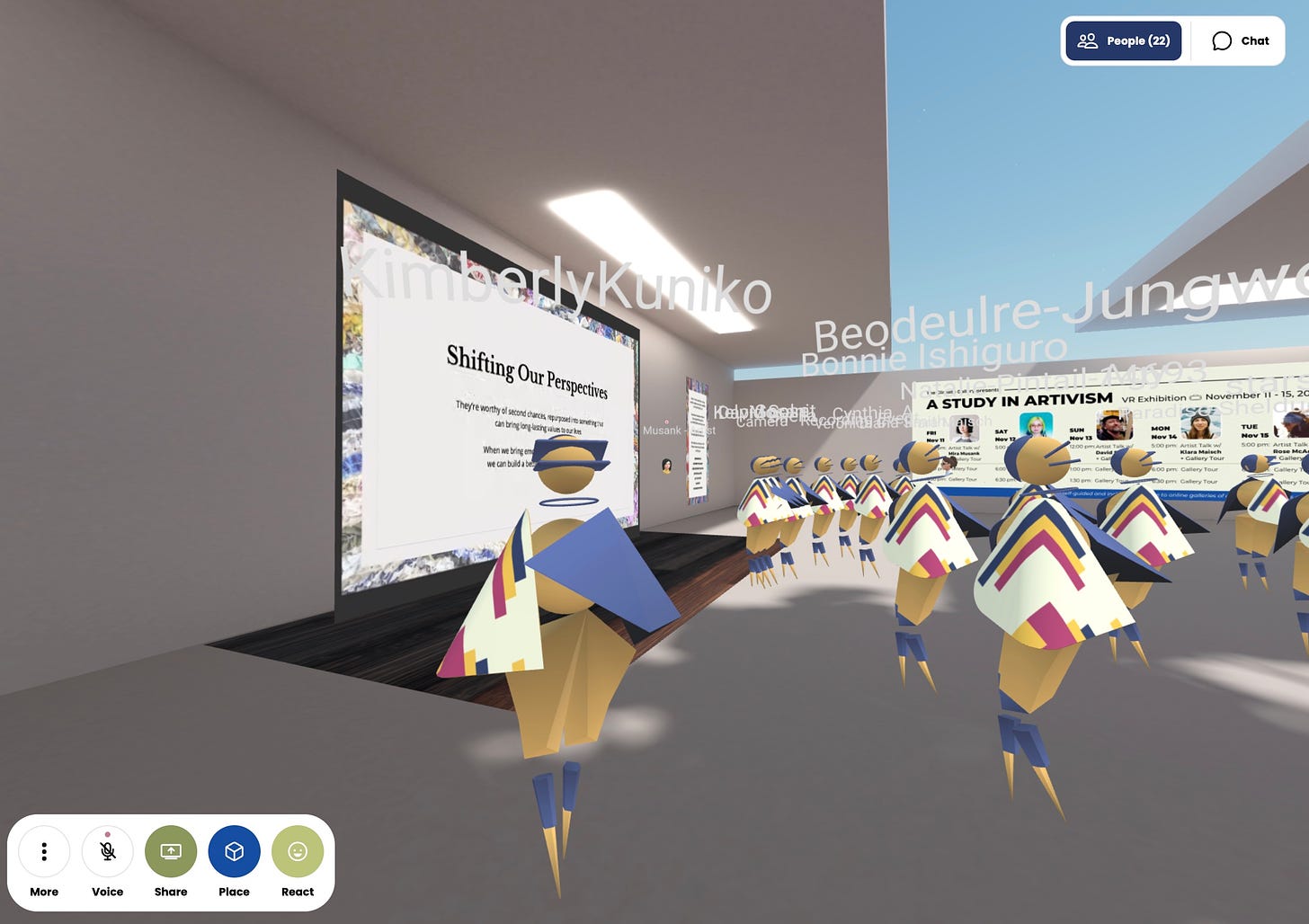 Mira doing her presentation in the virtual Climate Gallery Hub space in front of dozens of people in avatar forms.