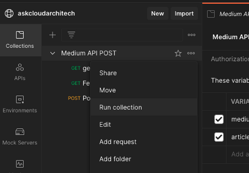 Collection action menu with run collection option