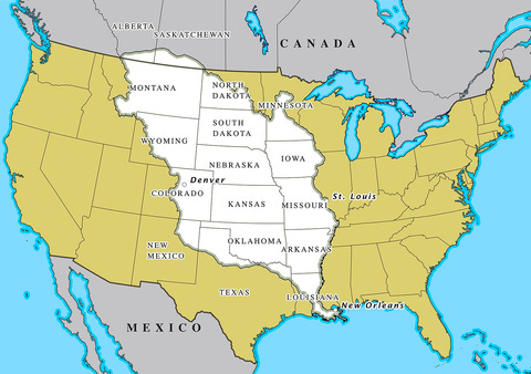 Map showing the territory gained in the 1803 Louisiana Purchase. Source.