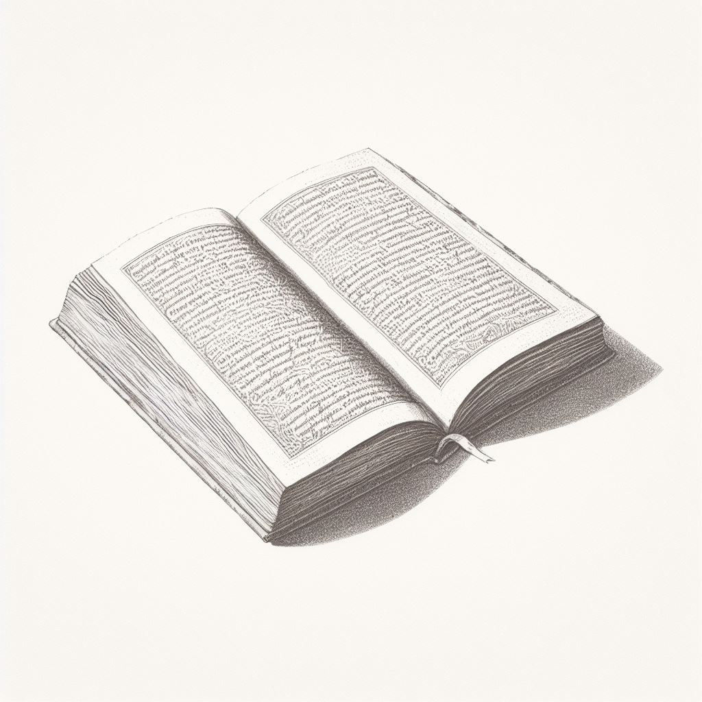 An open book, minimal handmade drawing in light pencil etchings, white background
