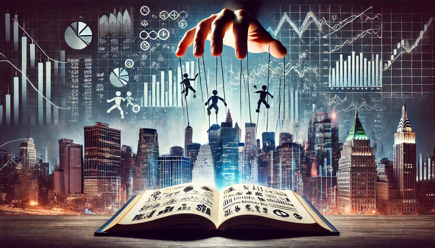 A powerful and striking image representing 'The Playbook' of market manipulation by institutions. The image should feature iconic Wall Street landmarks in the background, with elements like puppet strings, graphs, and financial charts being manipulated. Show a playbook or strategy book with pages filled with financial symbols and market strategies. The overall color scheme should be dramatic, with contrasts between light and shadow to convey the theme of manipulation and control.