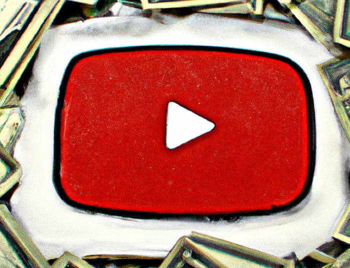 Digital art of the YouTube play button on a pile of cash.