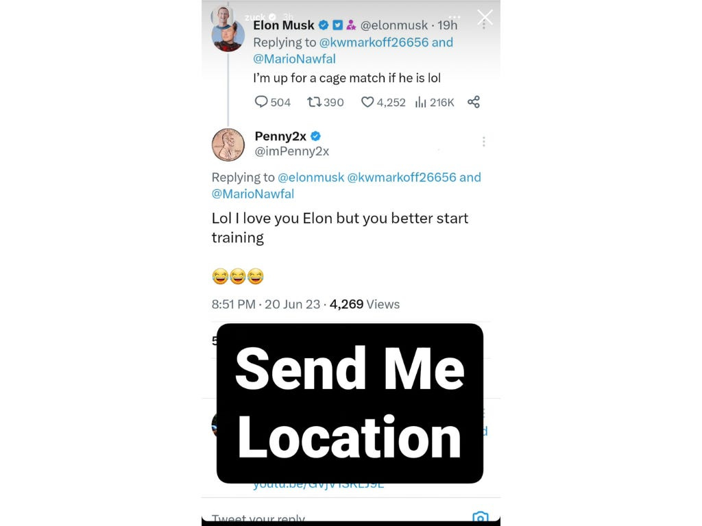 A screengrab of Mark Zuckerberg's Instagram story, with the words "Send Me Location" written on it.
