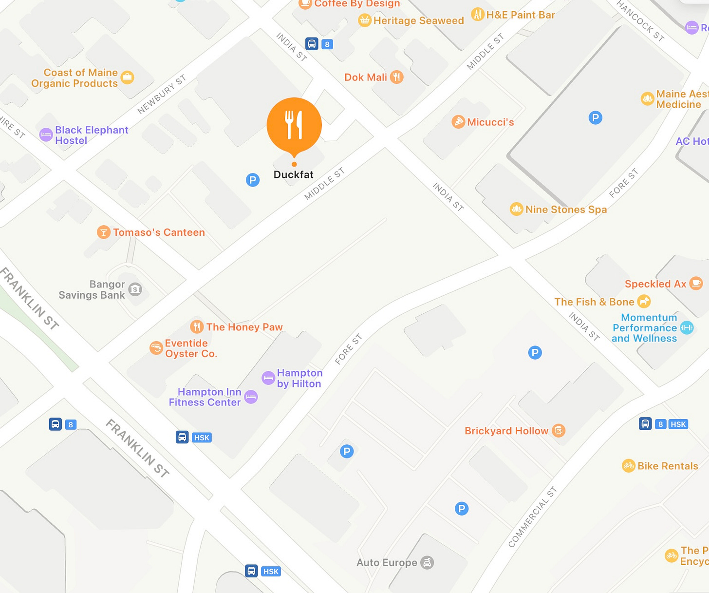 an apple maps screenshot of duckfat and the surrounding area with parking and public transportation information.