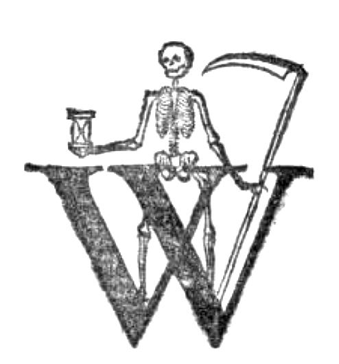 A letter W with a skeleton holding a scythe standing behind it.