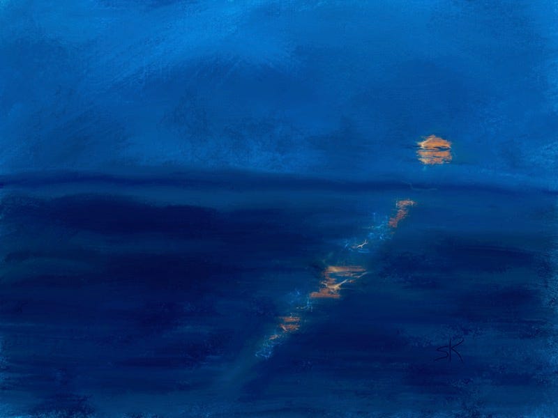 Painting by Sherry Killam Arts of a calm night at sea with a golden moon and reflection.