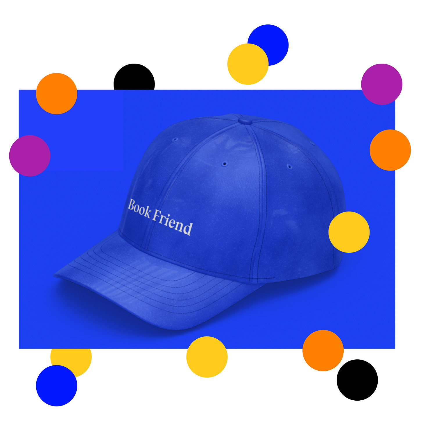 A blue cap that reads "Book Friend"