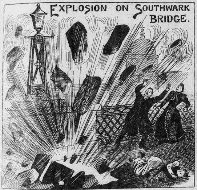 Southwark Bridge explodes in an old newsprint. 